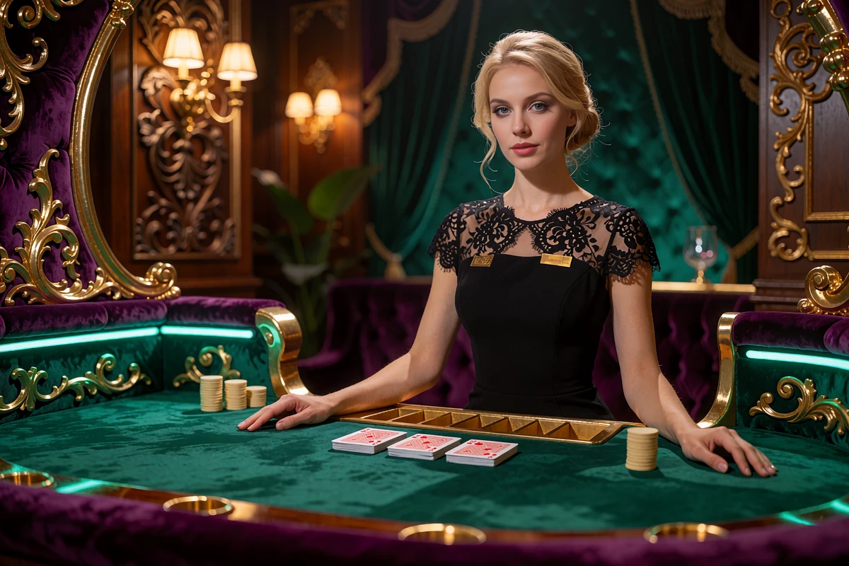 Krupierka przy stole z zielonym suknem i kartami w live casino OnlySpins z Live Cashbackiem 25%