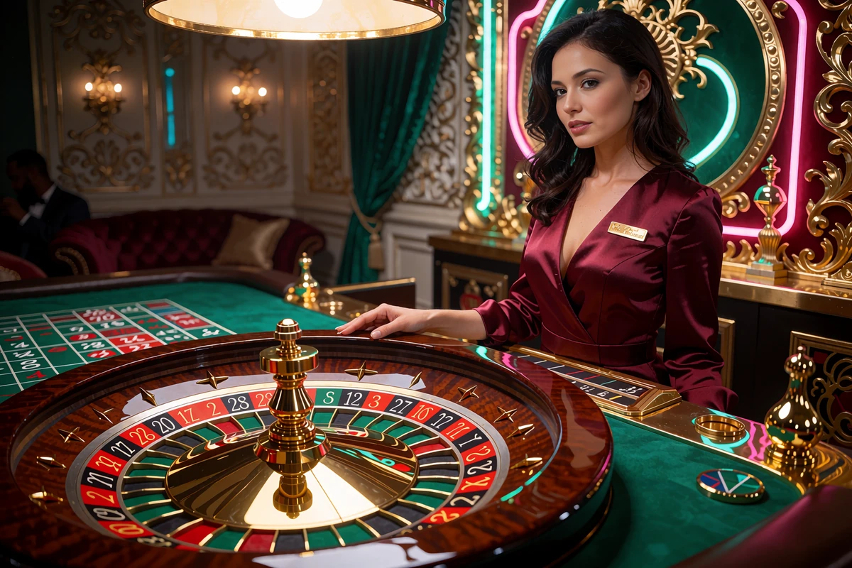 Krupierka w bordowej sukni przy stole ruletki w live casino OnlySpins Casino