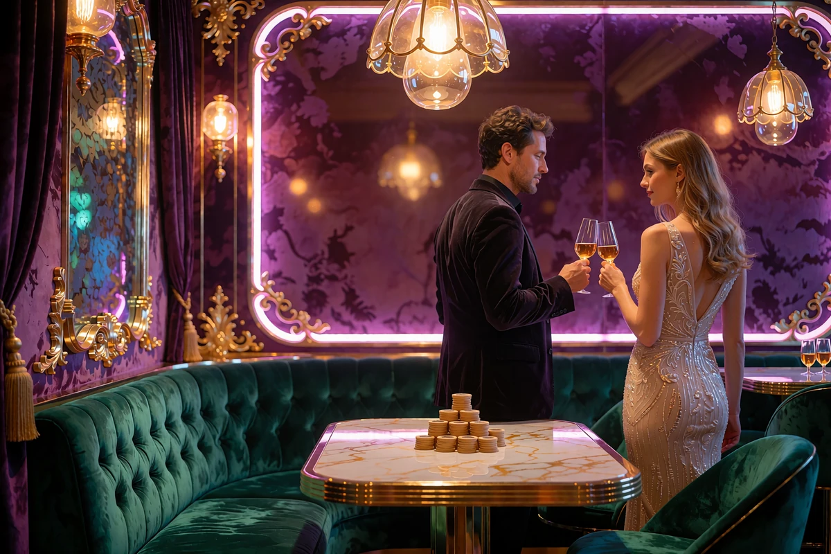 Prywatny salon kasyna OnlySpins z aksamitną kanapą, marmurowym stolikiem i gośćmi wznoszącymi toast - atmosfera klubu VIP
