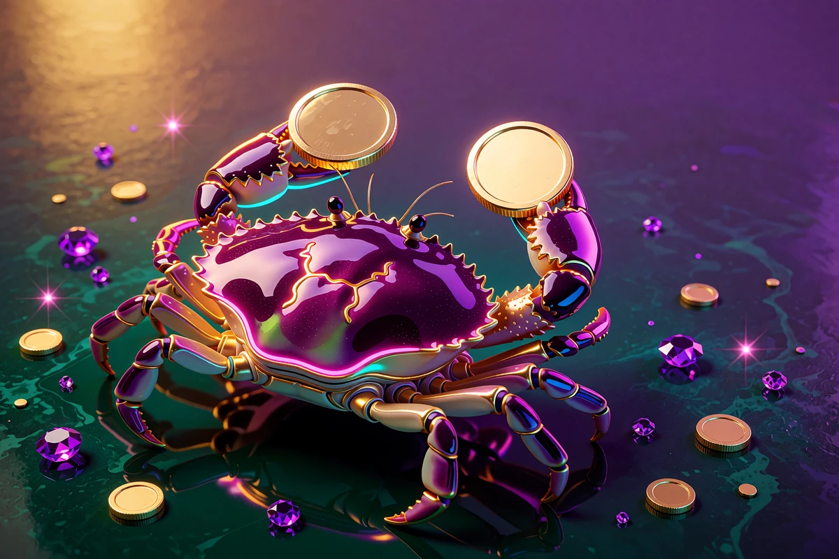 Złoty krab trzymający w kleszczach dwie błyszczące złote monety na scenie OnlySpins Casino