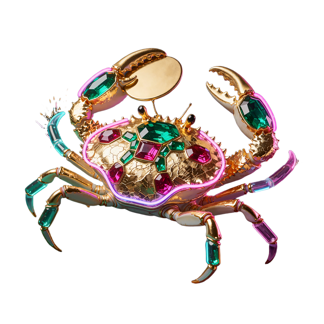 Złoty Bonus Crab z emeraldowymi i rubinowymi klejnotami trzymający złotą monetę w OnlySpins